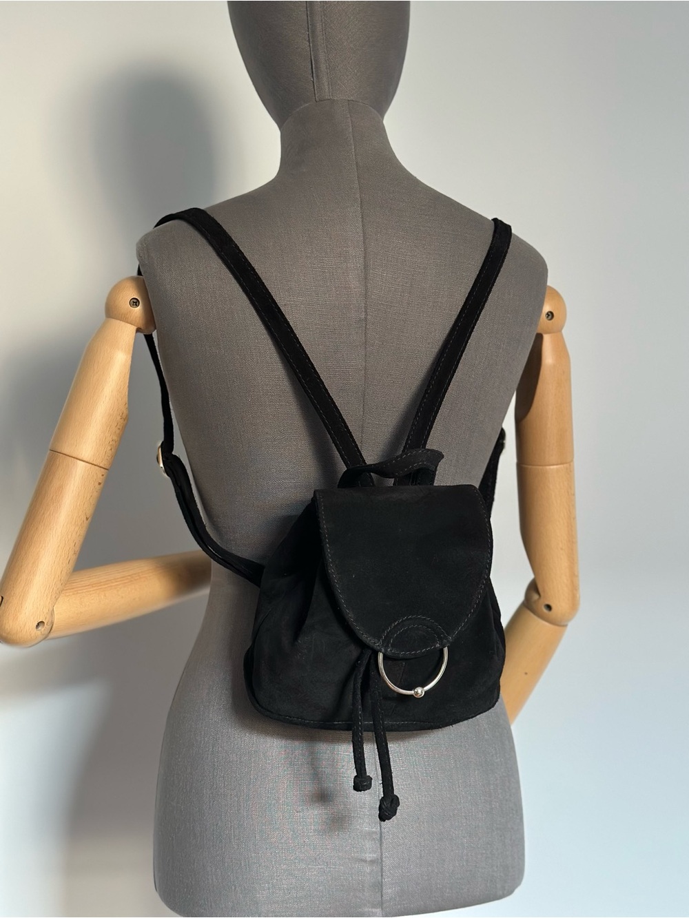 Black Suede Mini Backpack Drawstring Leather Bag Silver Hardware - Picture 4 of 17